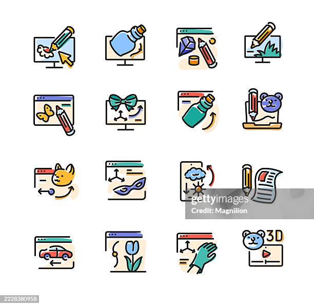 game graphics icons set, vector line icons, editable stroke, colorful ui and hud elements for video games: buttons, sprites, powerups, achievements, maps, characters, and assets for cross-platform - animation character stock illustrations