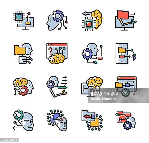 artificial intelligence workflow icons including brain, machine learning, neural networks, data processing, and automation, vector line icons set, editable stroke - looking at screen reflection stock illustrations