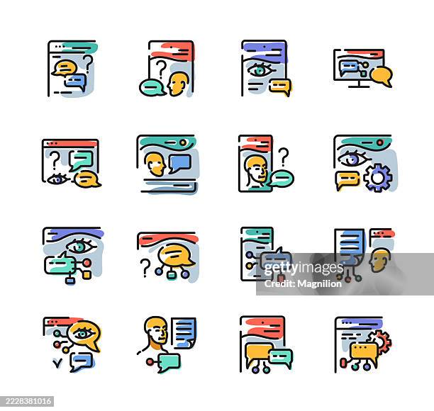 ai chat interfaces icons including messaging, virtual assistant, customer support, online interaction, and digital communication, vector line icons set, editable stroke - account manager stock illustrations