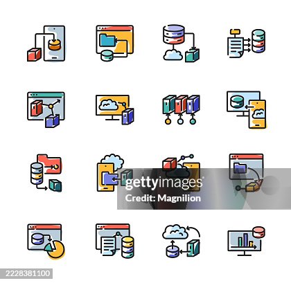 Cloud Database and Data Storage Icons Including Cloud Computing, Big Data, Server Connection, and Data Analysis, Vector Line Icons Set, Editable Stroke Cloud Database and Data Storage Icons Including Cloud Computing, Big Data, Server Connection, and Data Analysis, Vector Line Icons Set, Editable Stroke