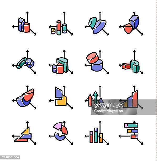 infographic elements, 3d business charts and graphs icons set, vector line icons, editable stroke, colorful isometric diagrams including bar charts, pie charts, growth analysis, and data visualization elements - performance management system stock illustrations