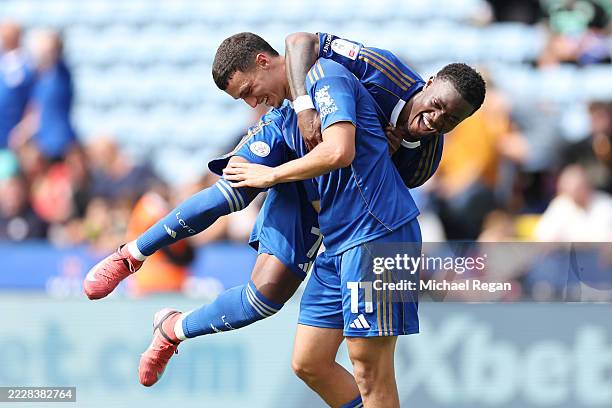 Abdul Fatawu of Leicester City celebrates scoring his team's second goal with teammate Bilal El Khannouss of Leicester City during the pre-season...