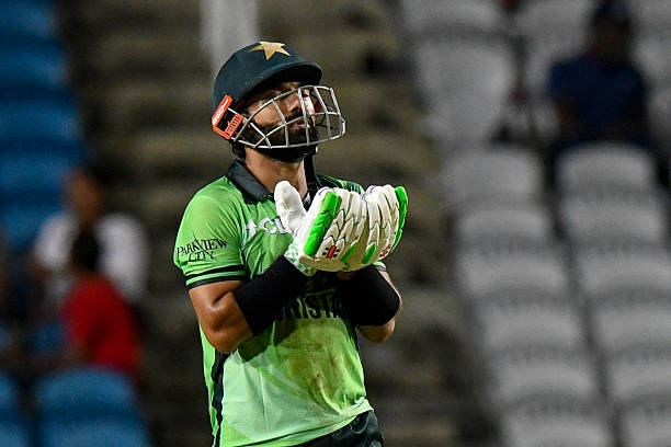 Mohammad Rizwan of Pakistan celebrates his half century during the first One Day International cricket match between West Indies and Pakistan at...
