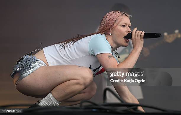 Rhian Teasdale of Wet Leg performs onstage during Wilderness Festival at Cornbury Park on August 03, 2025 in Charlbury, Oxfordshire.