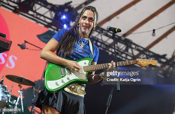 Ana García Perrote of Hinds performs onstage during Wilderness Festival at Cornbury Park on August 03, 2025 in Charlbury, Oxfordshire.