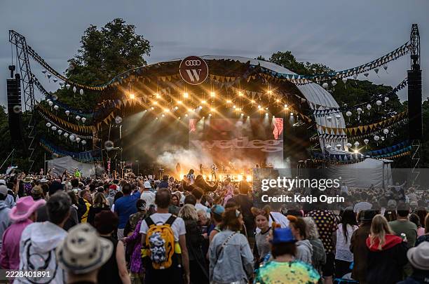 Rhian Teasdale, Hester Chambers, Josh Mobaraki, Ellis Durand and Henry Holmes of Wet Leg perform onstage during Wilderness Festival at Cornbury Park...