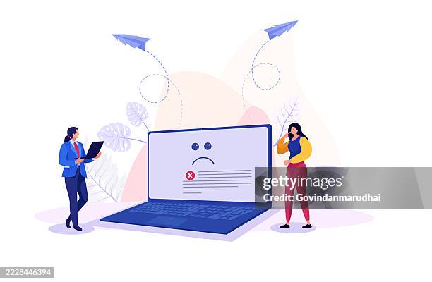 people reacting to computer outage – system crash, server down, or cyber attack concept - temporary stock illustrations