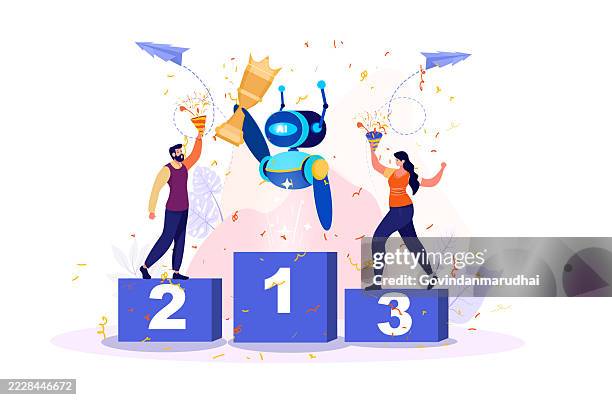 artificial intelligence robot wins competition with human — innovation and future workplace success - office automation stock illustrations