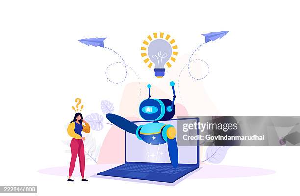 ai support for problem solving – businesswoman getting answers from artificial intelligence and chatbot assistance - virtual assistant stock illustrations