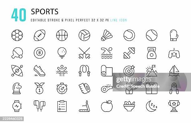 ilustraciones, imágenes clip art, dibujos animados e iconos de stock de conjunto de iconos de línea deportiva. 40 elementos gráficos vectoriales de trazo editables, píxeles perfectos. para móvil y web. - acontecimiento deportivo internacional