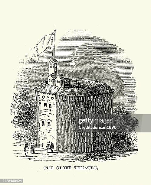 globe theatre in london associated with william shakespeare. it was built in 1599 at southwark, vintage illustration - globe theatre stock illustrations