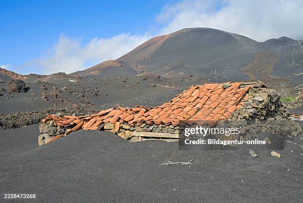 House destroyed by the 2021 Tajogaite volcano eruption, lava field, Las Manchas, La Palma, Spain.
