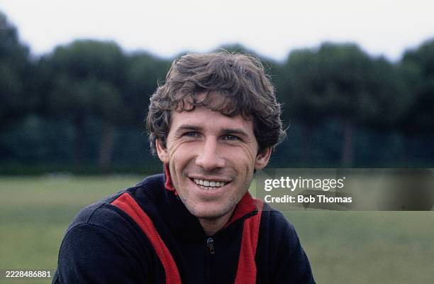 Italian footballer Franco Baresi, defender with AC Milan, posed during a training session with the Serie A club in Italy circa 1980.