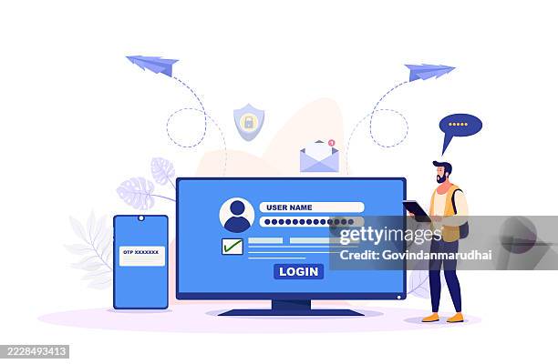 two-factor authentication otp security - mobile phone verification code login with computer double protection for safe digital access - password stock illustrations