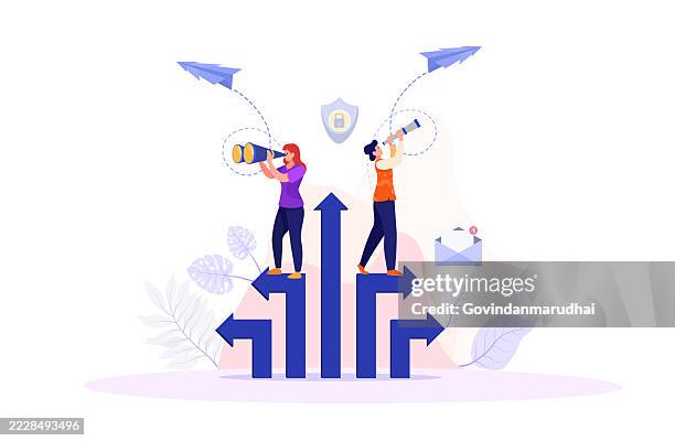 visionary leadership searching for future success with telescope in uncertainty - uncertainty forecasting stock illustrations