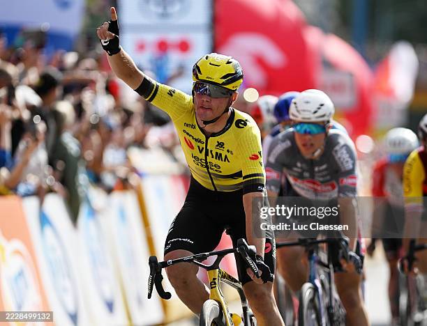 Olav Kooij of Netherlands and Team Visma | Lease a Bike celebrates at finish line as stage winner during the 82nd Tour de Pologne 2025, Stage 1 a...