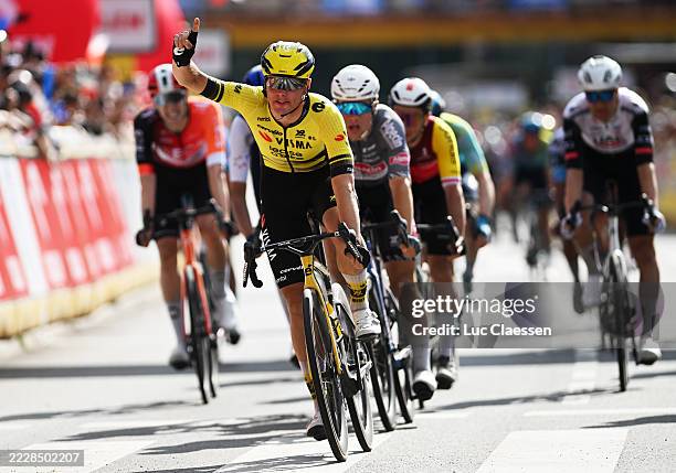 Olav Kooij of Netherlands and Team Visma | Lease a Bike celebrates at finish line as stage winner during the 82nd Tour de Pologne 2025, Stage 1 a...