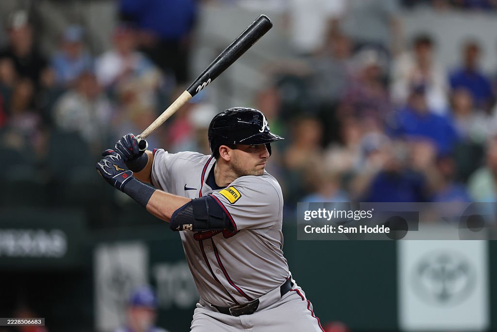 Texas Rangers Al Riley Austin Riley of the Atlanta Braves swings his bat during the sixth ...