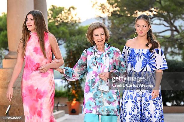 Princess Sofia of Spain, Queen Sofia of Spain and Crown Princess Leonor of Spain attend a dinner at Marivent Palace on August 04, 2025 in Palma de...