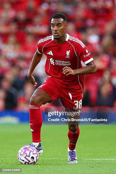 Ryan Gravenberch of Liverpool in action during the pre-season friendly match between Liverpool v Athletic Club Bilbao at Anfield on August 04, 2025...