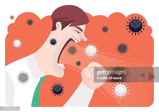 männer, die mit viren husten, umgeben - lymekrankheit stock-grafiken, -clipart, -cartoons und -symbole