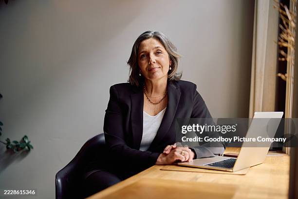 portrait of an experienced business woman seated at her desk with a laptop in a modern workplace interior - trabalhador de colarinho branco imagens e fotografias de stock