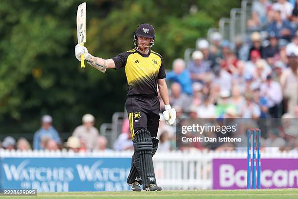 James Bracey of Gloucestershire acknowledges the crowd as he celebrates reaching his half-century during the Men's Metro Bank One Day Cup match...