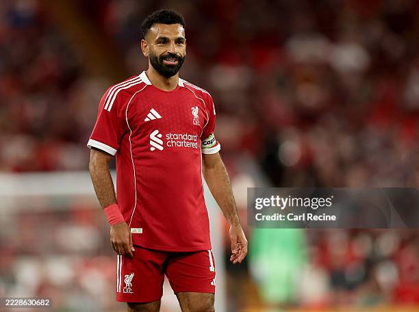 Mohamed Salah of Liverpool during the pre-season friendly match between Liverpool v Athletic Club Bilbao at Anfield on August 04, 2025 in Liverpool,...