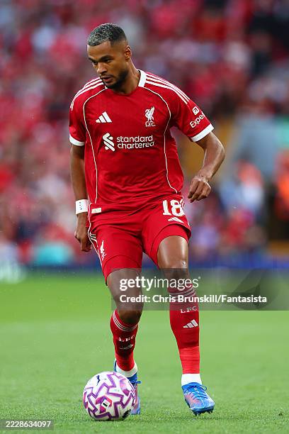 Cody Gakpo of Liverpool in action during the pre-season friendly match between Liverpool v Athletic Club Bilbao at Anfield on August 04, 2025 in...