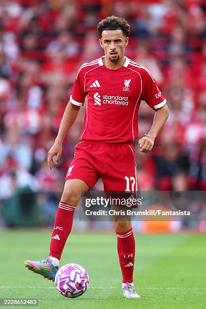 Curtis Jones of Liverpool in action during the pre-season friendly match between Liverpool v Athletic Club Bilbao at Anfield on August 04, 2025 in...