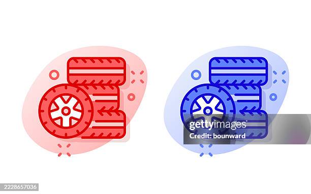 red & blue wheels line icon. editable stroke. vector - tyre manufacture stock illustrations