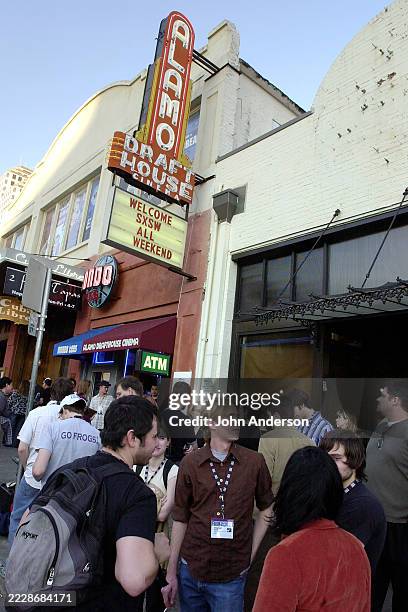 View of people in line, during South By Southwest film festival, outside the Alamo Drafthouse Cinema , Austin, Texas, March 12, 2005. The cinema's...