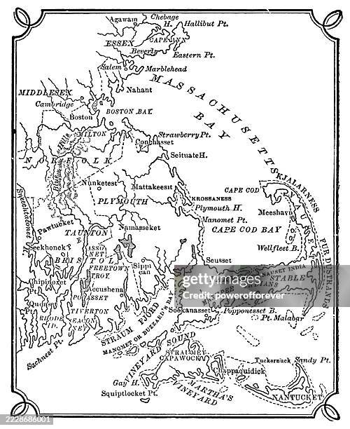 bildbanksillustrationer, clip art samt tecknat material och ikoner med map of massachusetts bay - 19th century - massachusettsbukten
