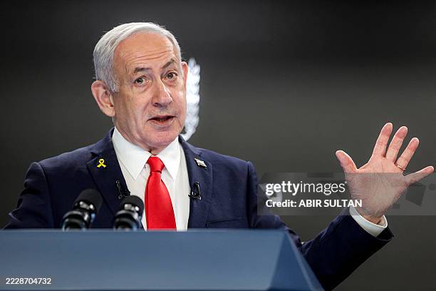 Israel's Prime Minister Benjamin Netanyahu gives a press conference at the Prime minister's office in Jerusalem on August 10, 2025. Netanyahu said on...