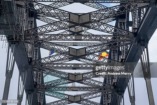 sydney harbour bridge top section closeup view - sydney harbour bridge aboriginal flag stock pictures, royalty-free photos & images