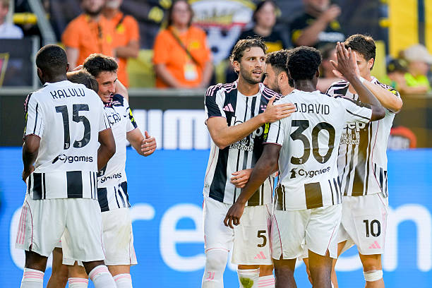 Dortmund, Germany Andrea Cambiaso of Juventus celebrates after scoring his team's first goal with teammates during the Pre-Season Friendly match...