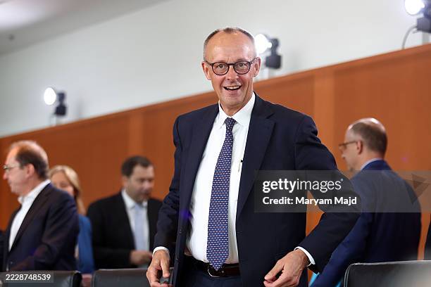 German Chancellor Friedrich Merz arrives for the weekly German federal government cabinet meeting on August 06, 2025 in Berlin, Germany. Legislative...