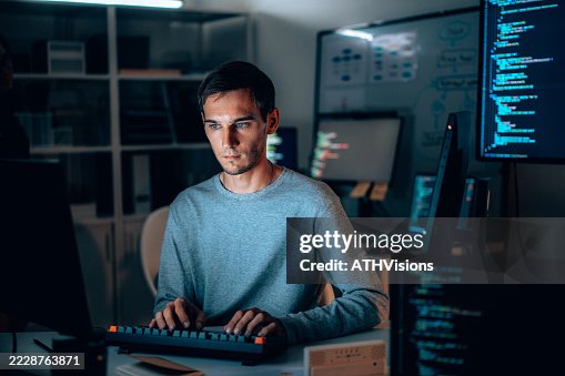 Programmer coding at night in cybersecurity office Programmer coding at night in cybersecurity office
