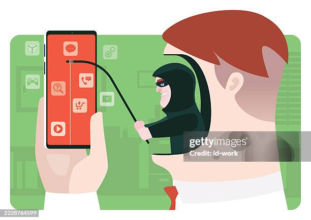 hacker phishing on smartphone - scammer stock illustrations
