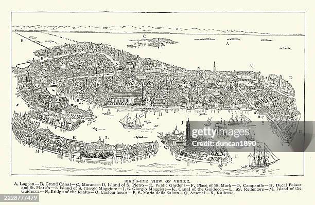 bird's eye view of venice, grand canal, islands, harbour, victorian vintage illustration, 19th century 1880s - etching stock illustrations