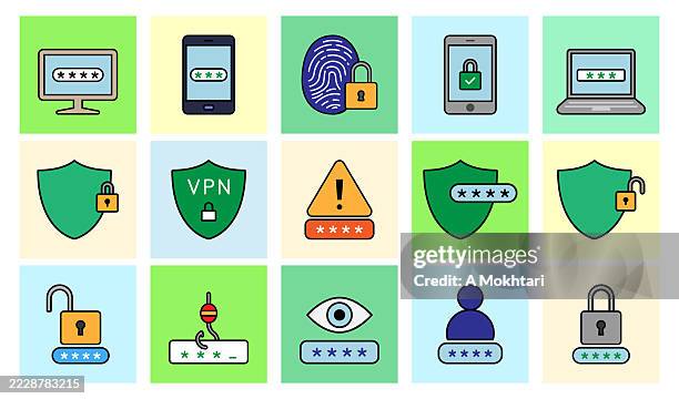 bunte passwort-sicherheitssymbole auf pastellfarbenem hintergrund. - vpn stock-grafiken, -clipart, -cartoons und -symbole