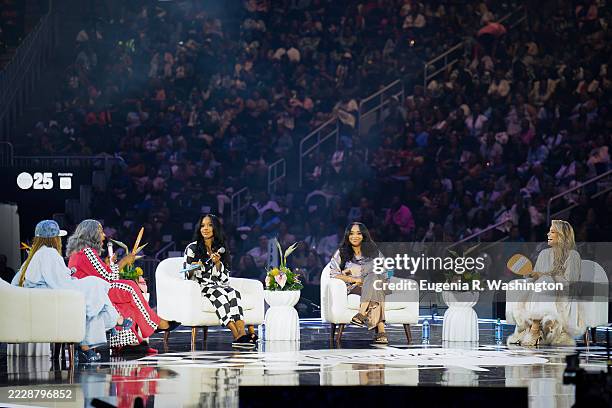 Simone Smith , Serita Jakes, Sarah Jakes Roberts, Koryn Hawthorne, and Bianca Juarez speak during the Pajama Panel of Woman Evolve 2025 at State Farm...