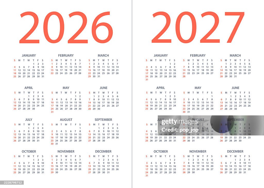 Kalender 2026, 2027 - Vektorillustration. Die Woche beginnt am Sonntag
