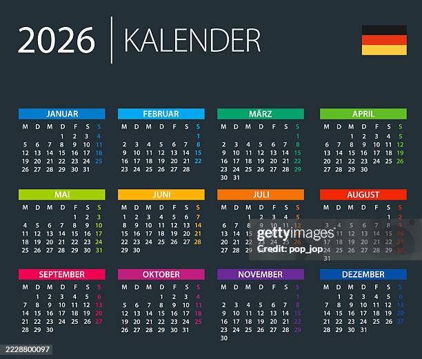 calendar 2026 germany - color vector illustration. german language version. dark background. - multiple languages stock illustrations