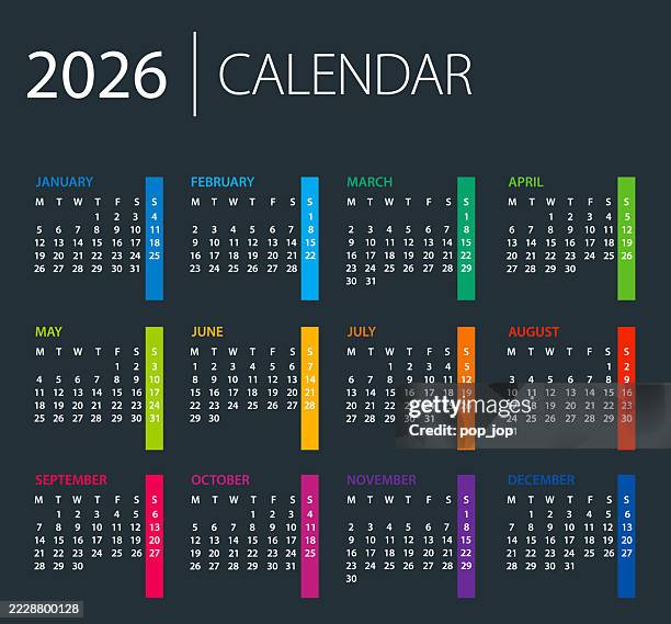 calendar 2026 - color vector illustration. week starts on monday. dark background - august background stock illustrations