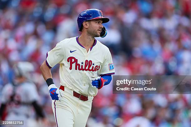 Trea Turner of the Philadelphia Phillies runs to first against the Detroit Tigers at Citizens Bank Park on August 02, 2025 in Philadelphia,...