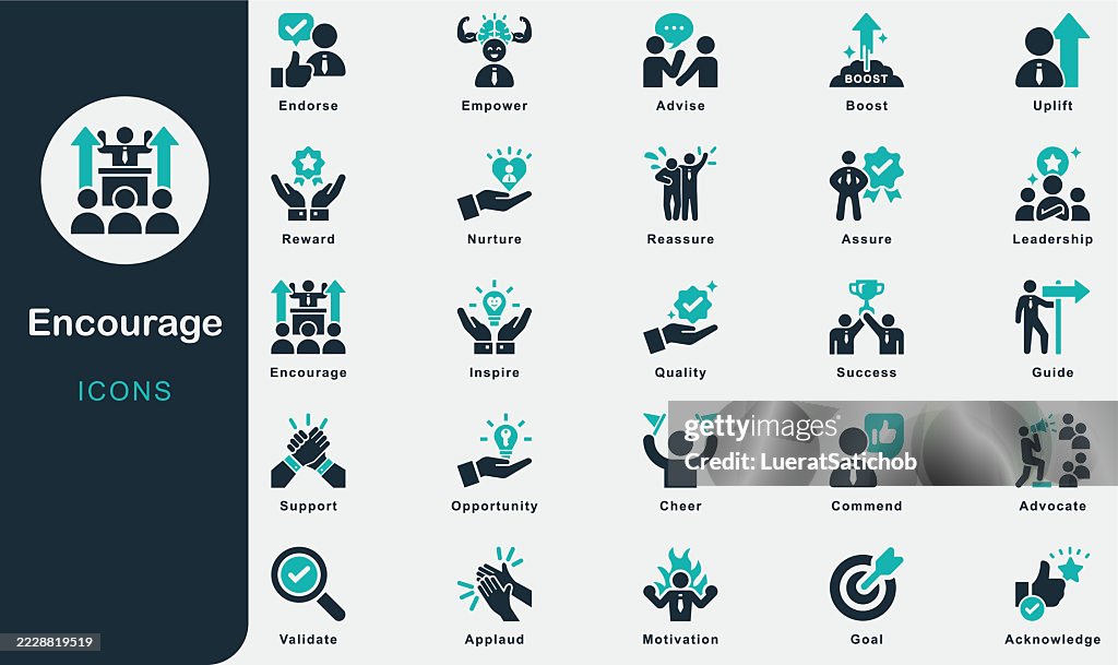 Encourag solid icons collection.Containing Motivation, Inspire, Nurture, Uplift, Empower, Boost, Cheer, Validate, Support, Advise, Acknowledge, Applaud, Endorse, Advocate, Sale, Marketing, Business