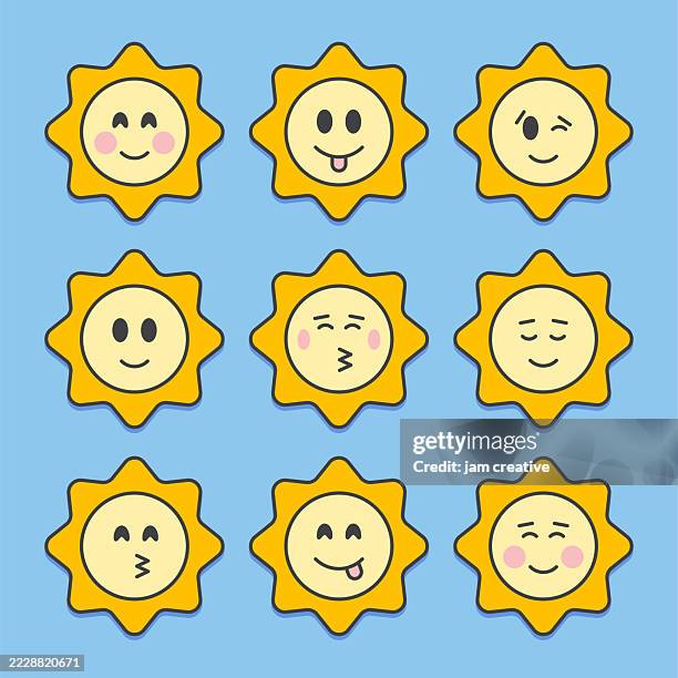 cute sunshine emoji set: love, happiness, positive emotions - flushed face emoji stock illustrations
