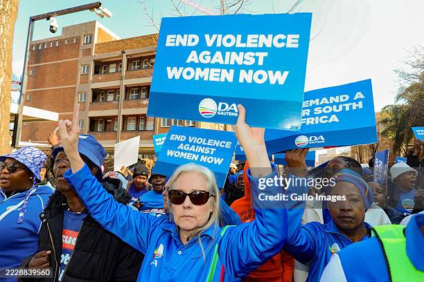 Democratic Alliance members march to Germiston Central Police Station demanding more GBV fighting resources on Women's Day on August 09, 2025 in...