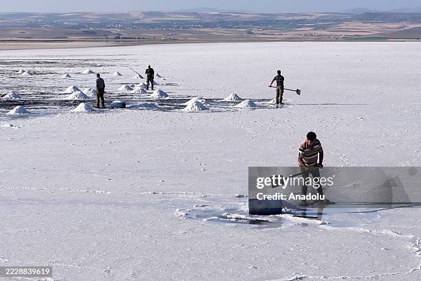 Year-old Ilhan Gokkurt harvests salt at Palas Tuzla Lake in the Palas neighborhood of Sarioglan, Kayseri, Turkiye on August 08, 2025. Gokkurt...